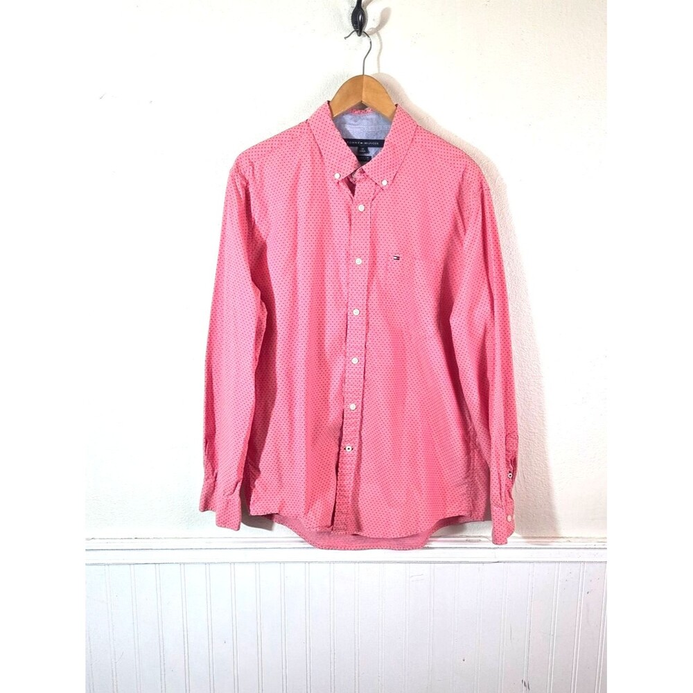 Tommy Hilfiger Men L Classic Fit Pink Red Micro Square Button Down Shirt Cotton